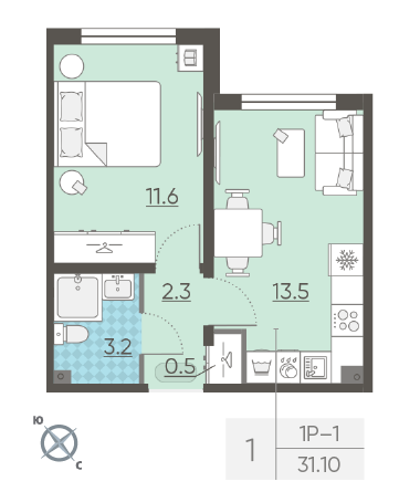 Однокомнатная квартира 31.1 м²