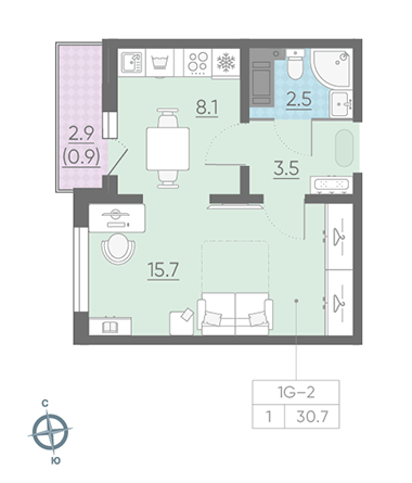 Однокомнатная квартира 30.7 м²