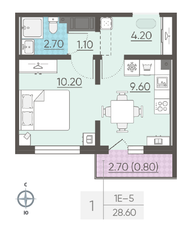 Однокомнатная квартира 28.6 м²