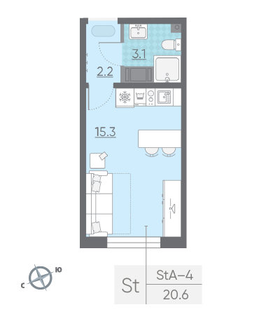 Студия 20.6 м²