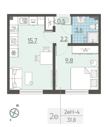 Однокомнатная квартира 31.8 м²