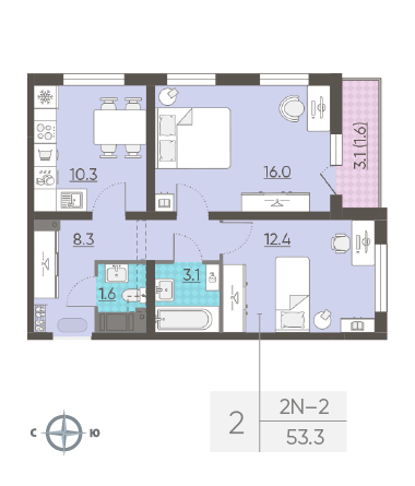 Двухкомнатная квартира 53.3 м²