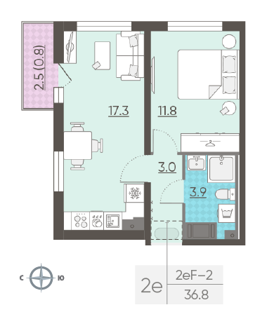 Однокомнатная квартира 36.8 м²