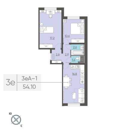 Двухкомнатная квартира 54.1 м²
