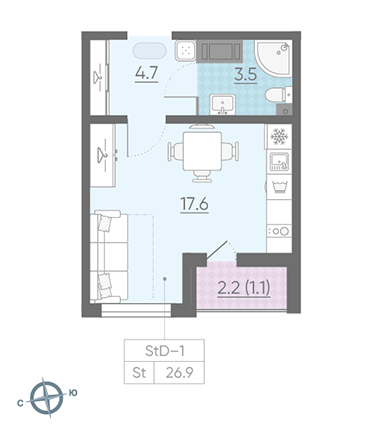 Студия 26.9 м²