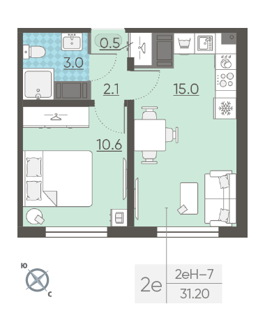 Однокомнатная квартира 31.2 м²