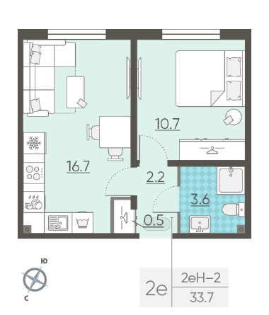 Однокомнатная квартира 33.7 м²