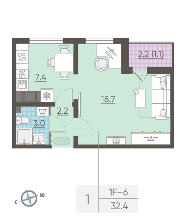 Однокомнатная квартира 32.4 м²