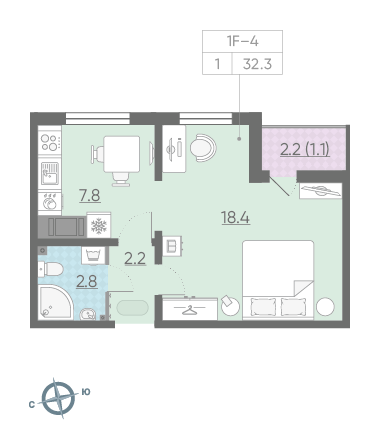 Однокомнатная квартира 32.3 м²