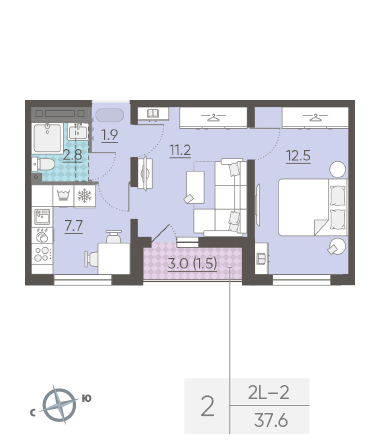 Двухкомнатная квартира 37.6 м²