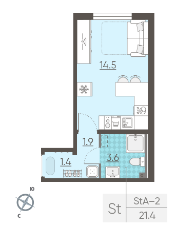 Студия 21.4 м²