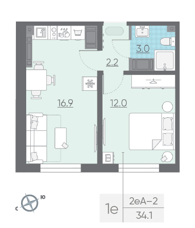 Однокомнатная квартира 34.1 м²
