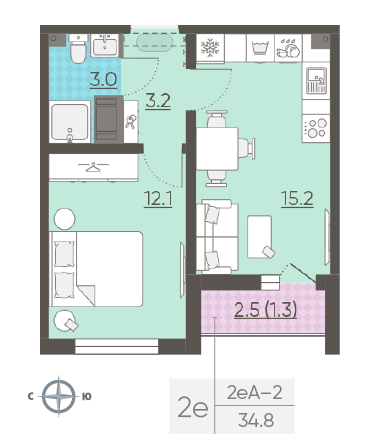 Однокомнатная квартира 34.8 м²