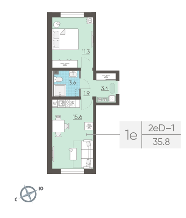 Однокомнатная квартира 35.8 м²