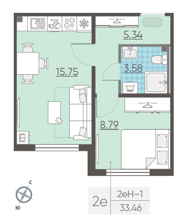 Однокомнатная квартира 33.46 м²