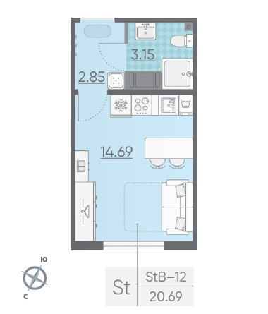 Студия 20.69 м²