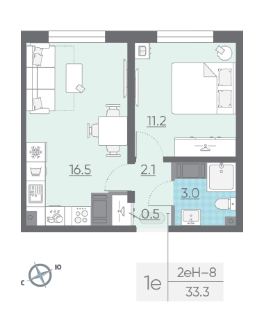 Однокомнатная квартира 33.3 м²