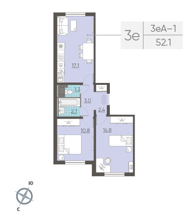 Двухкомнатная квартира 52.1 м²