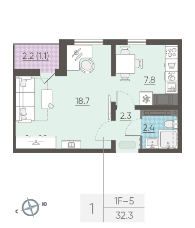 Однокомнатная квартира 32.3 м²