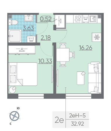 Однокомнатная квартира 32.92 м²