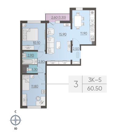Трёхкомнатная квартира 60.5 м²