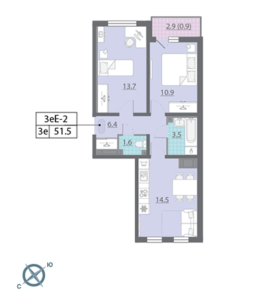 Двухкомнатная квартира 52 м²