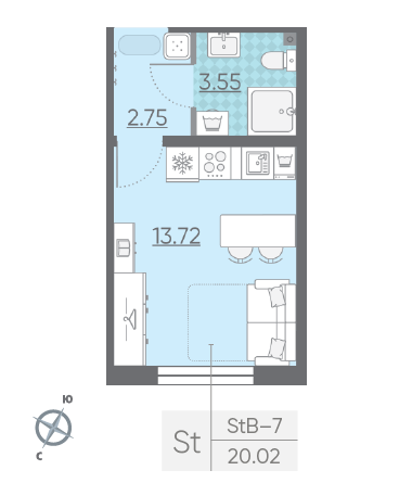 Студия 20.02 м²