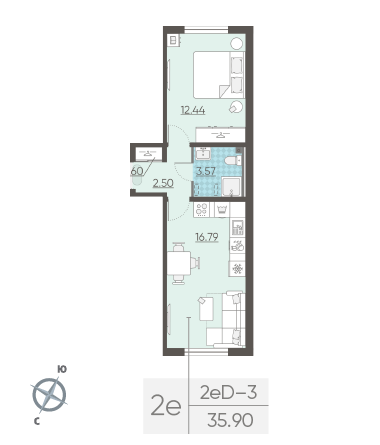 Однокомнатная квартира 35.9 м²