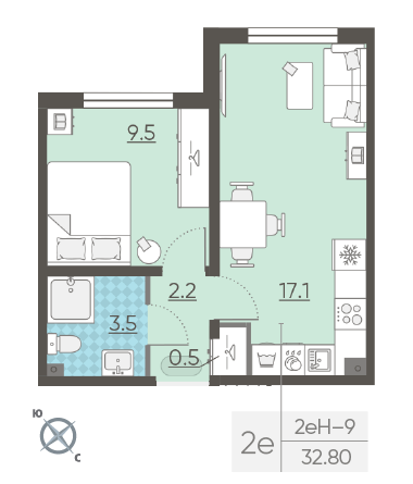 Однокомнатная квартира 32.8 м²