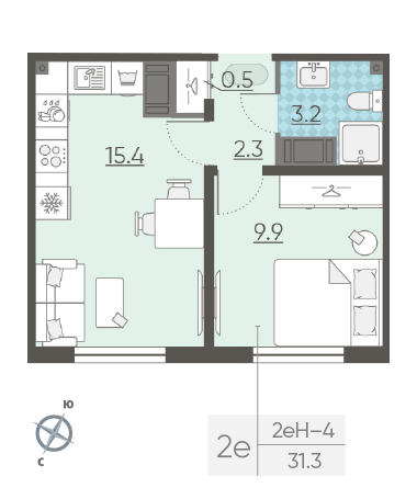 Однокомнатная квартира 31.3 м²