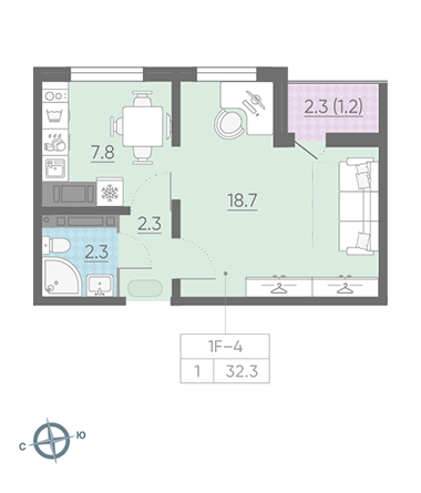 Однокомнатная квартира 32.3 м²