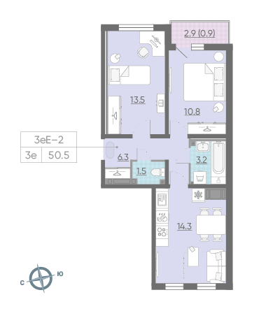 Двухкомнатная квартира 50.5 м²