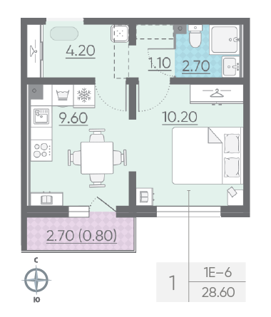 Однокомнатная квартира 28.6 м²