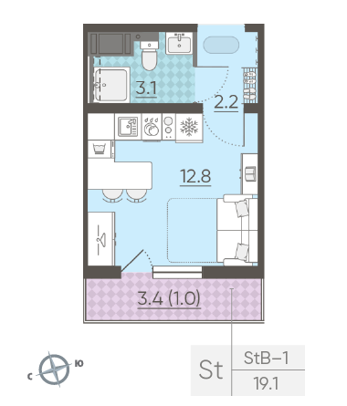 Студия 19.1 м²