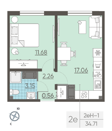 Однокомнатная квартира 34.71 м²