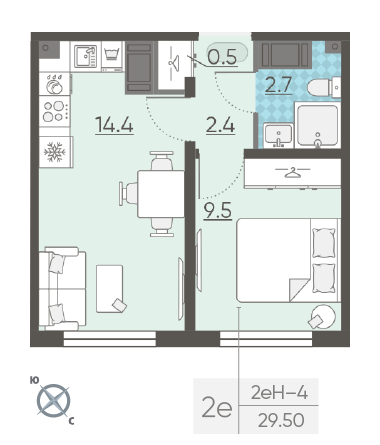 Однокомнатная квартира 29.5 м²