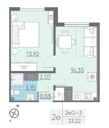 Однокомнатная квартира 33.22 м²
