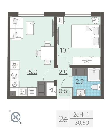 Однокомнатная квартира 30.5 м²