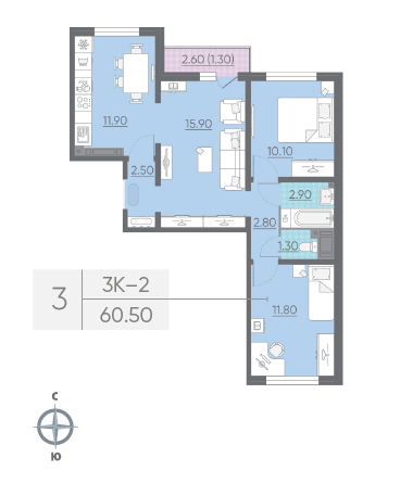 Трёхкомнатная квартира 60.5 м²
