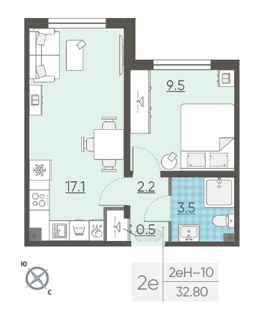 Однокомнатная квартира 32.8 м²