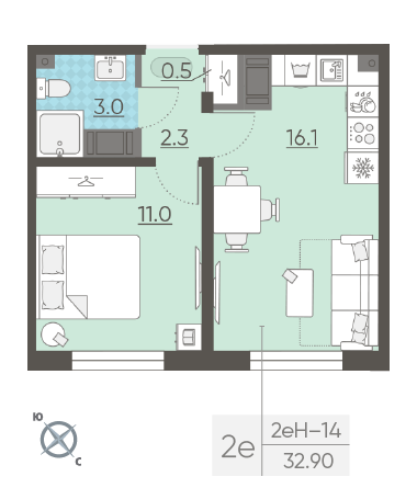 Однокомнатная квартира 32.9 м²