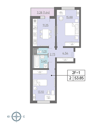 Двухкомнатная квартира 54.1 м²