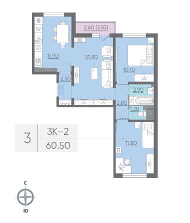 Трёхкомнатная квартира 60.5 м²