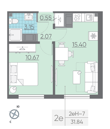 Однокомнатная квартира 31.84 м²