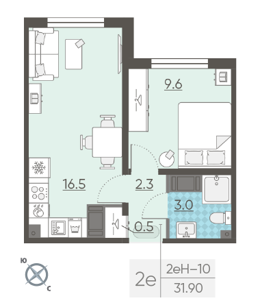 Однокомнатная квартира 31.9 м²