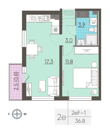 Однокомнатная квартира 36.8 м²