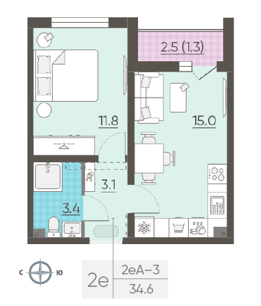 Однокомнатная квартира 34.6 м²