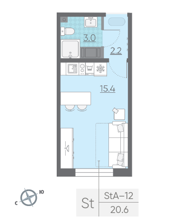 Студия 20.6 м²