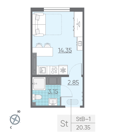 Студия 20.35 м²