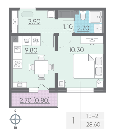 Однокомнатная квартира 28.6 м²